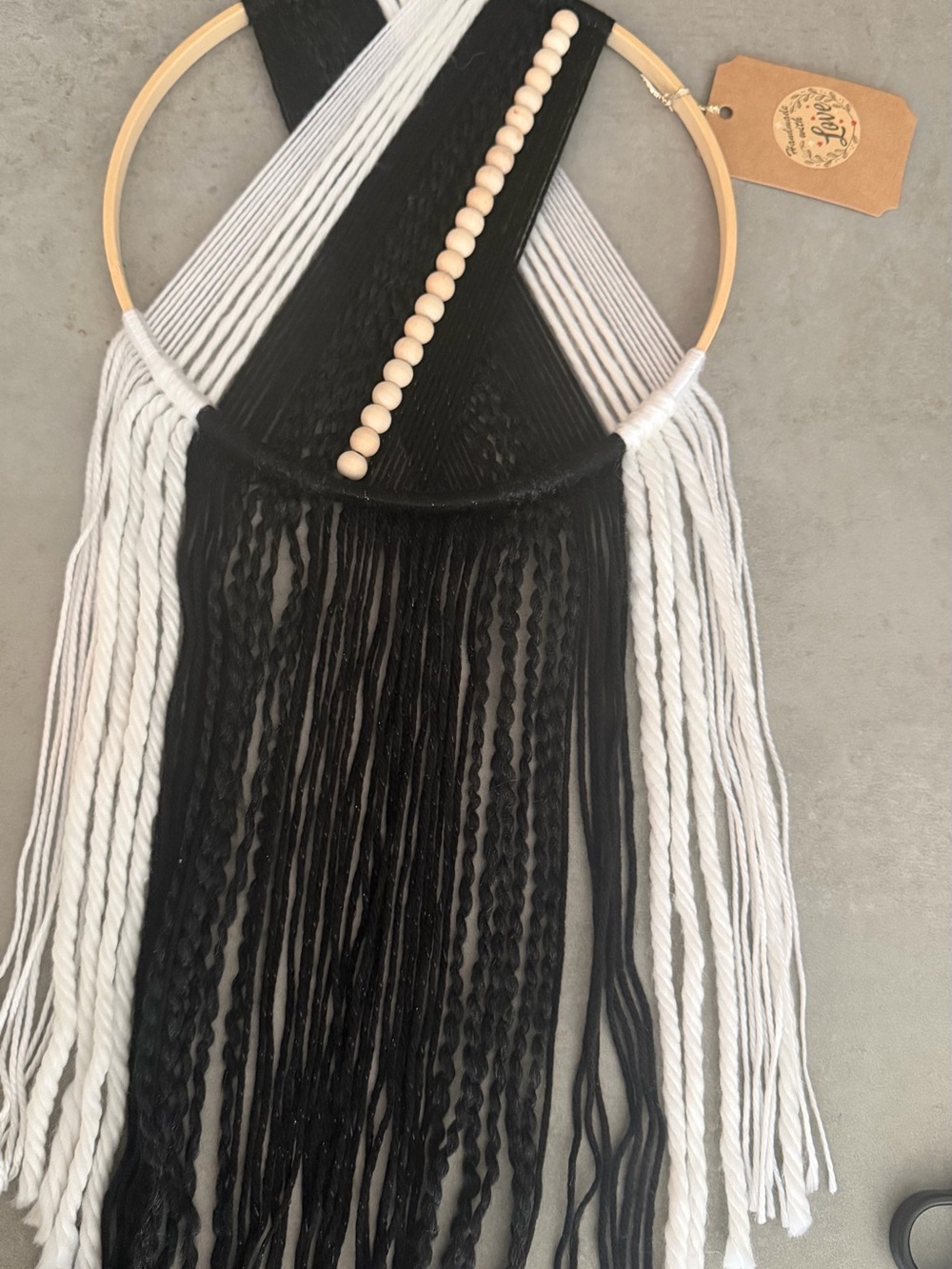 Black and White Macramé Wall Hanging with Wooden Beads